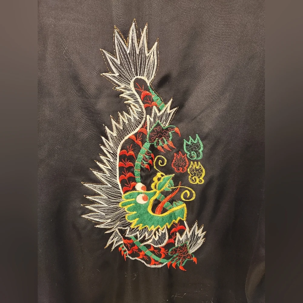 Black Reversible Chinese Satin Robe Dragon Embroidery Narii Vtg Size XL #QQ1041 - Picture 4 of 9